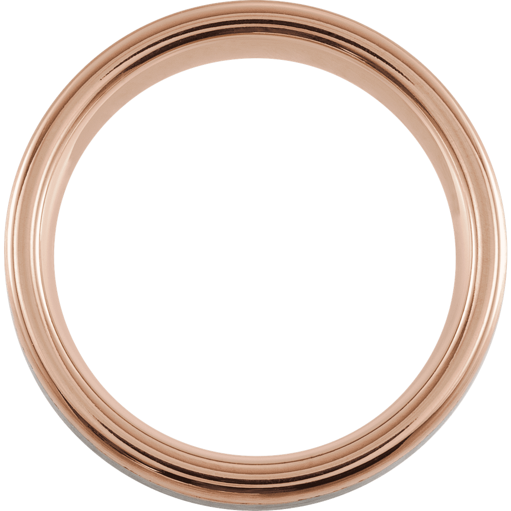Crimson Apex – 18K Rose Gold Grooved Tungsten Band