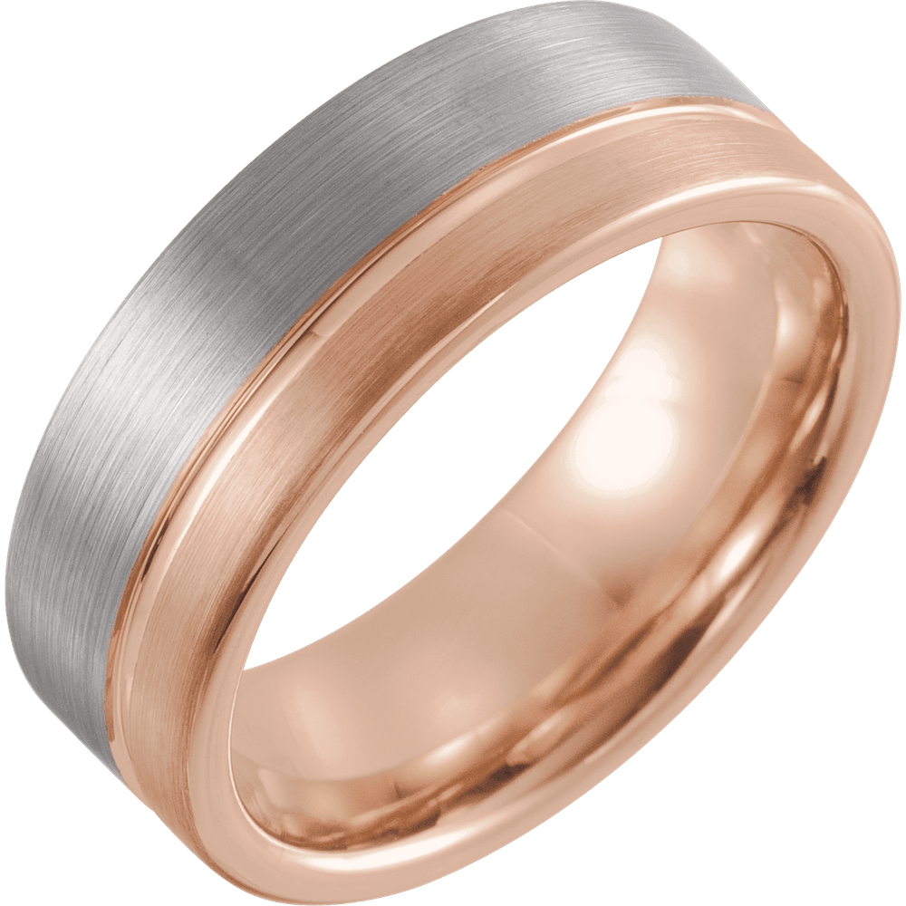 Crimson Apex – 18K Rose Gold Grooved Tungsten Band