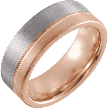 Crimson Apex – 18K Rose Gold Grooved Tungsten Band