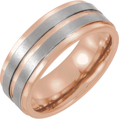 Rose Volt – 18K Rose Gold Tungsten Grooved Band