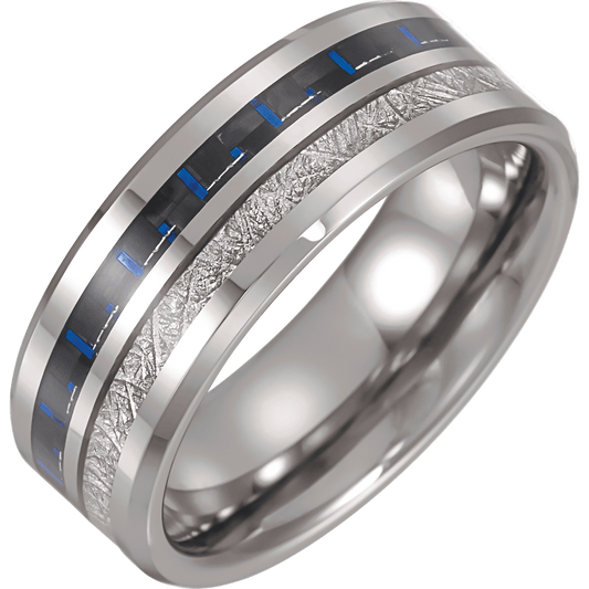The Nebula – Tungsten Meteorite & Carbon Fiber Inlay Beveled Band (8mm)